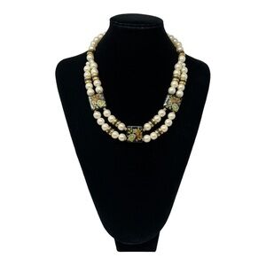 VINTAGE FAUX PEARLS WITH THEEE BLACK FLORAL TILES NECKLACE